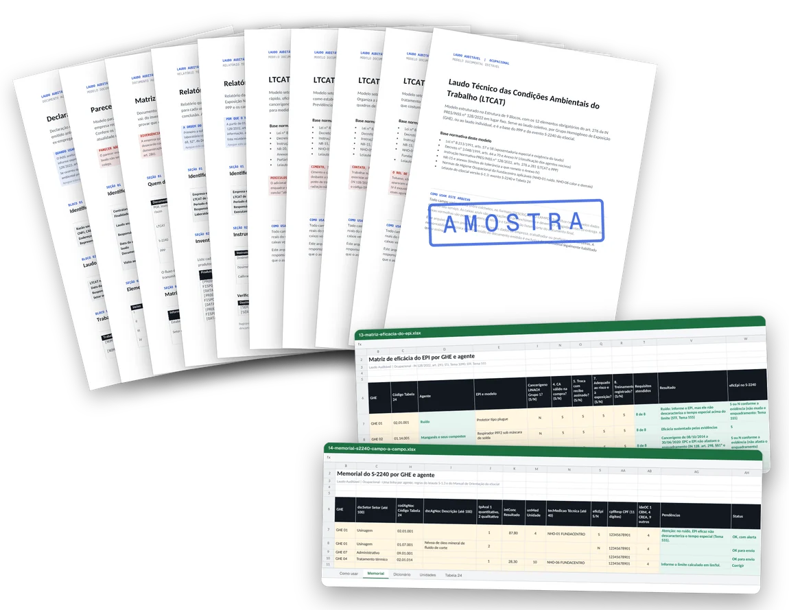 Os LTCAT por setor, os relatórios de avaliação, as matrizes de EPI e de vinculação e o memorial do S-2240 do plano Completo.