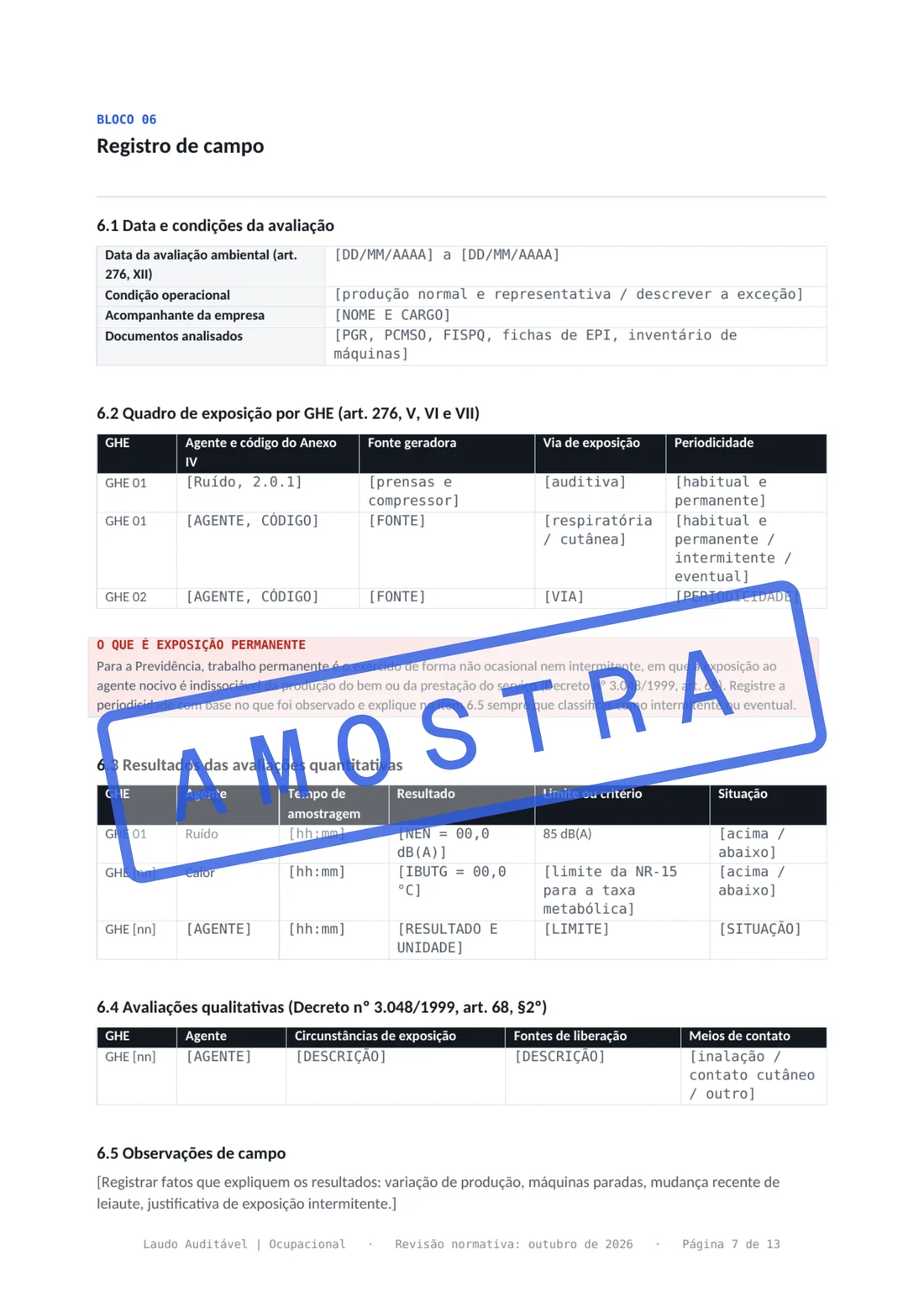 Bloco 06 do LTCAT modelo geral, registro de campo com agente, fonte geradora, exposição e resultado por GHE.