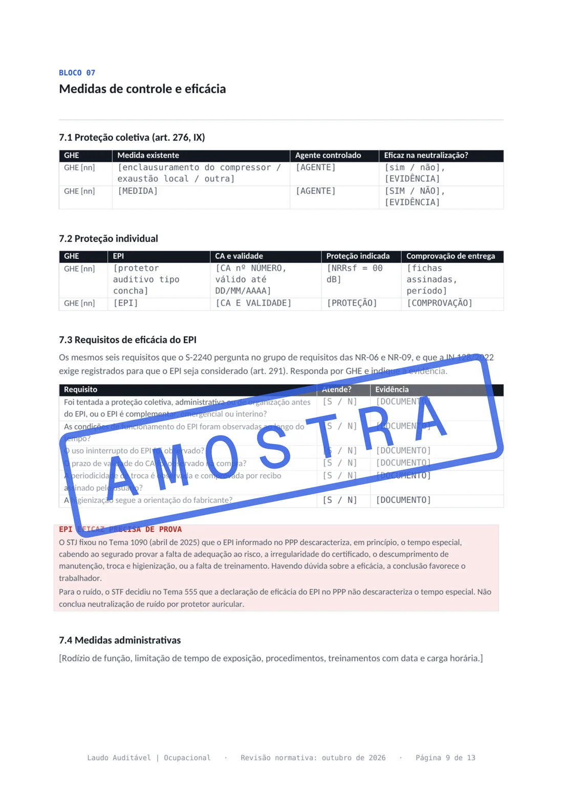 Bloco 07 do LTCAT modelo geral, medidas de controle com EPC e os requisitos de eficácia do EPI.