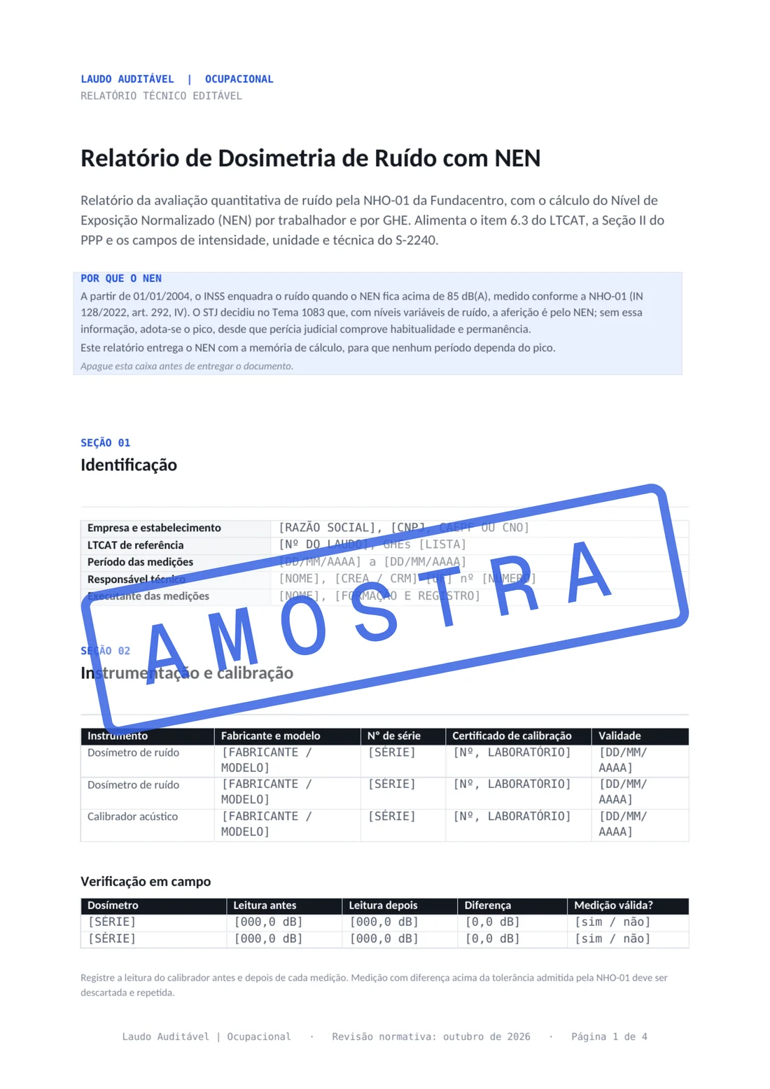 Relatório de dosimetria de ruído com NEN, conforme a NHO-01.