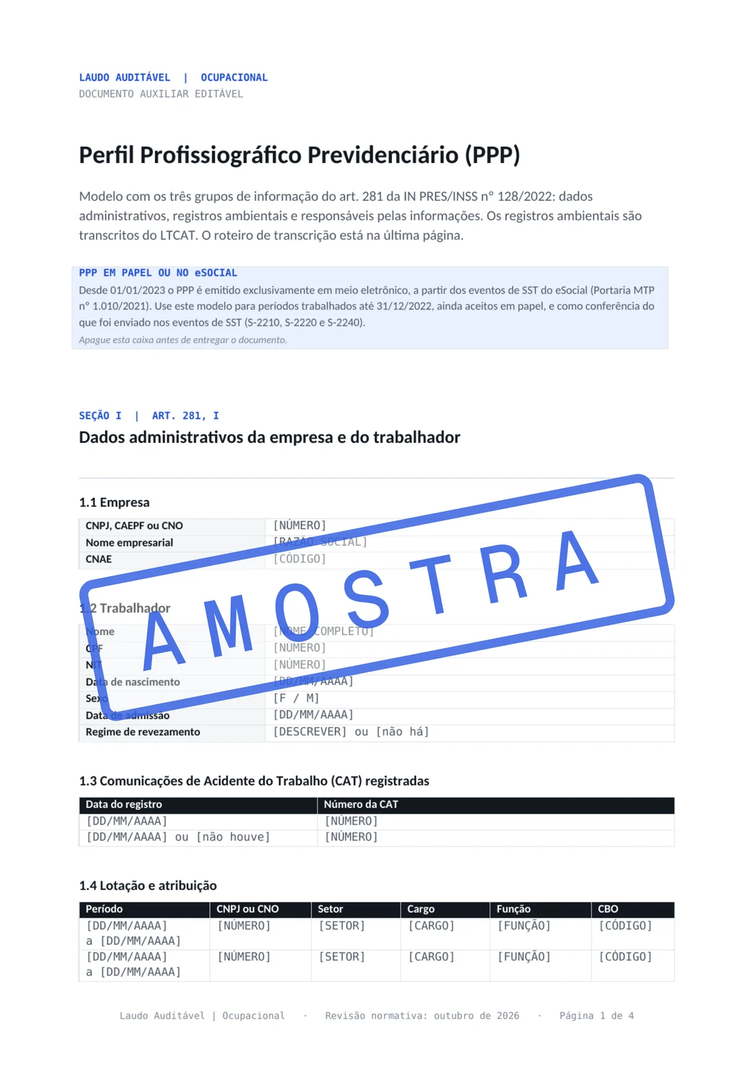 Modelo de PPP com os dados administrativos da empresa e do trabalhador.